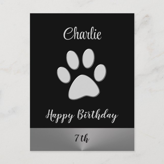 Silver Dog Paw auf schwarzem Hintergrund Postkarte (Vorderseite)