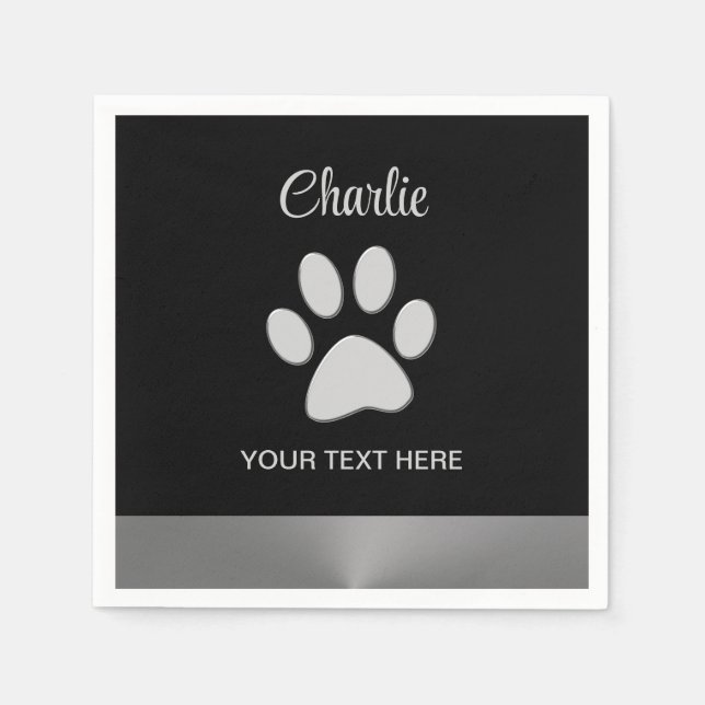 Silver Dog Paw auf schwarzem Hintergrund Serviette (Vorderseite)