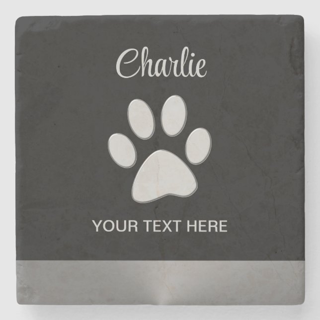 Silver Dog Paw auf schwarzem Hintergrund Steinuntersetzer (Vorderseite)