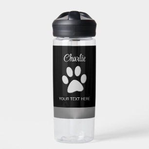 Silver Dog Paw auf schwarzem Hintergrund Trinkflasche
