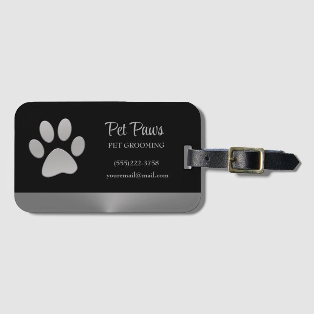 Silver Dog Paw auf schwarzem Pet Grooming Service Gepäckanhänger (Vorderseite (Horizontal))