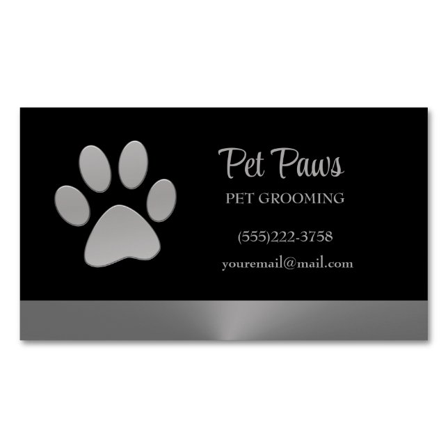 Silver Dog Paw auf schwarzem Pet Grooming Service Magnetische Visitenkarte (Vorderseite)