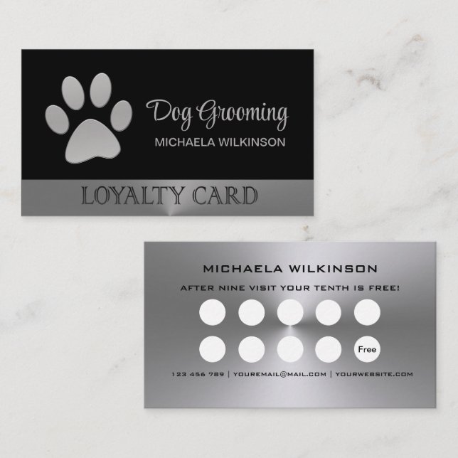 Silver Dog Paw auf schwarzem Pet Grooming Service Treuekarte (Vorne/Hinten)