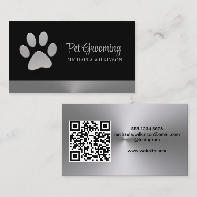 Silver Dog Paw auf schwarzem Pet Grooming Service Visitenkarte (Vorne/Hinten)