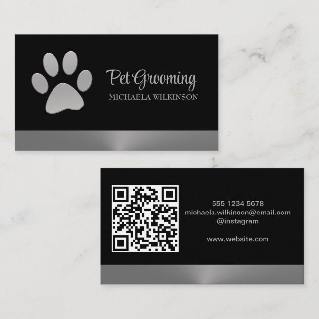 Silver Dog Paw auf schwarzem Pet Grooming Service Visitenkarte (Vorne/Hinten)