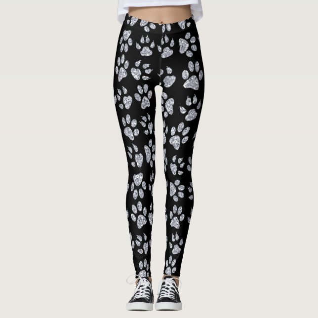 Silver Dog Paw Prints, Black Leggings (Vorderseite)