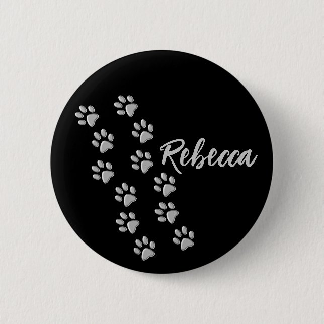 Silver Dog Paws Schwarzer Hintergrund Print Patter Button (Vorderseite)