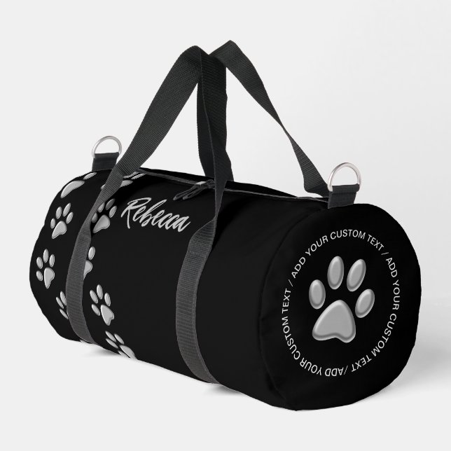 Silver Dog Paws Schwarzer Hintergrund Print Patter Duffle Bag (Linke Seite)