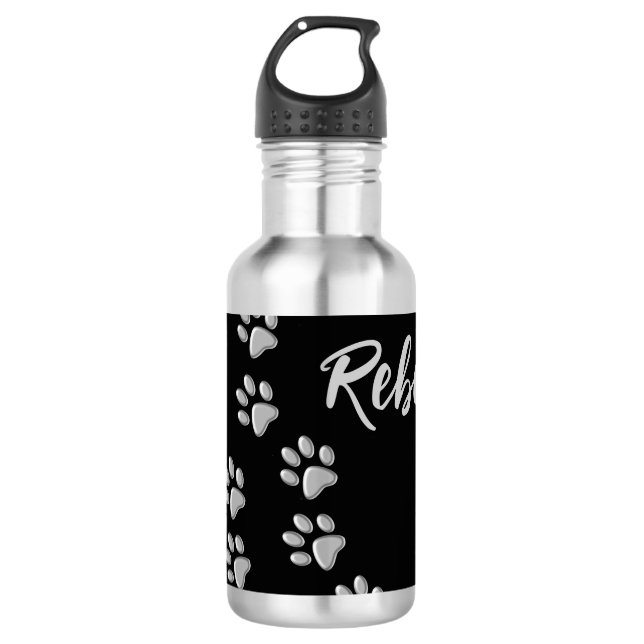 Silver Dog Paws Schwarzer Hintergrund Print Patter Edelstahlflasche (Vorderseite)