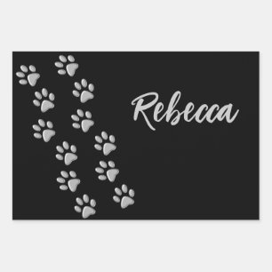 Silver Dog Paws Schwarzer Hintergrund Print Patter Geschenkpapier Set