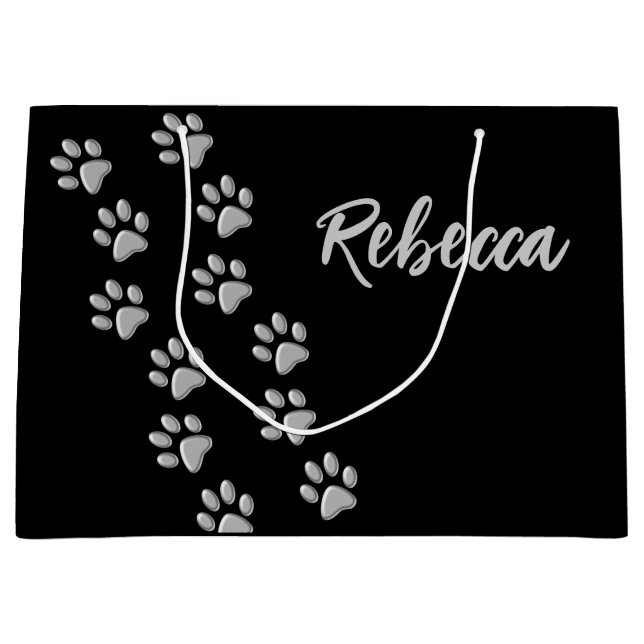 Silver Dog Paws Schwarzer Hintergrund Print Patter Große Geschenktüte (Vorderseite)