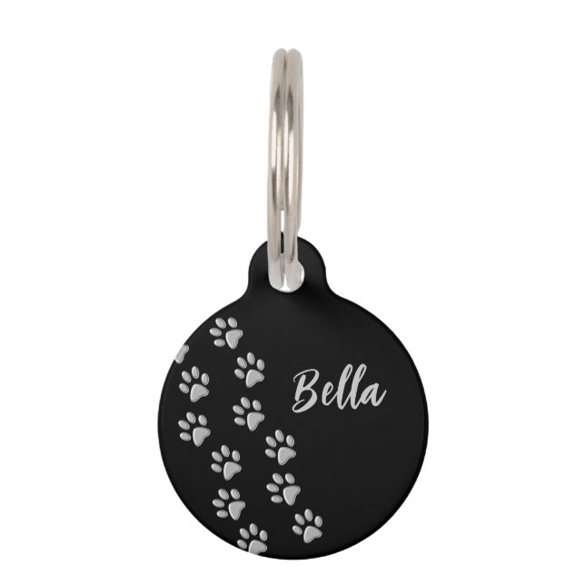 Silver Dog Paws Schwarzer Hintergrund Print Patter Haustiermarke (Vorderseite)