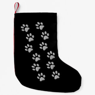 Silver Dog Paws Schwarzer Hintergrund Print Patter Kleiner Weihnachtsstrumpf