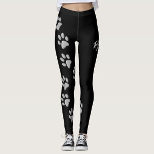 Silver Dog Paws Schwarzer Hintergrund Print Patter Leggings