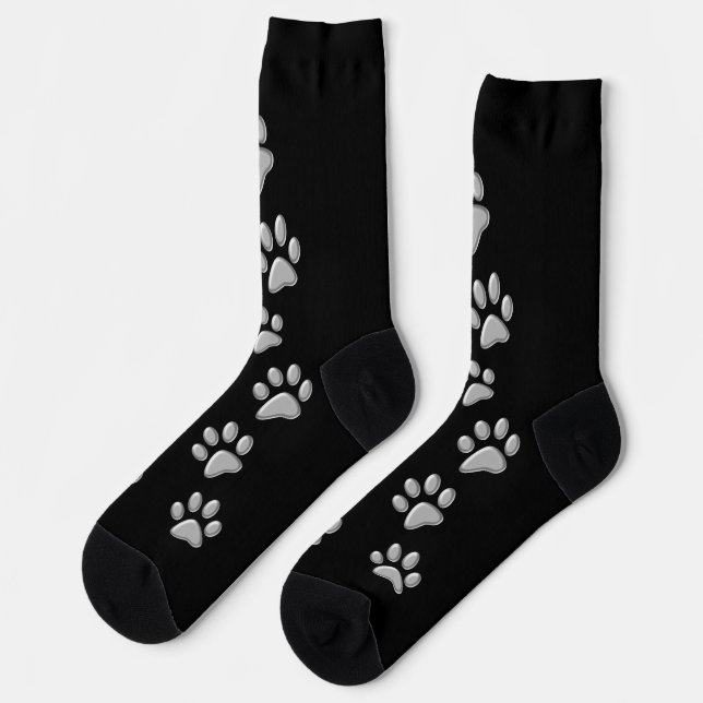 Silver Dog Paws Schwarzer Hintergrund Print Patter Socken (Linkes Detail)