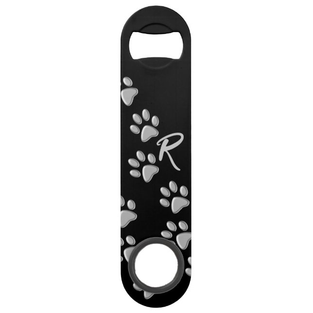 Silver Dog Paws Schwarzer Hintergrund Print Patter Speed Flaschenöffner (Vorderseite)