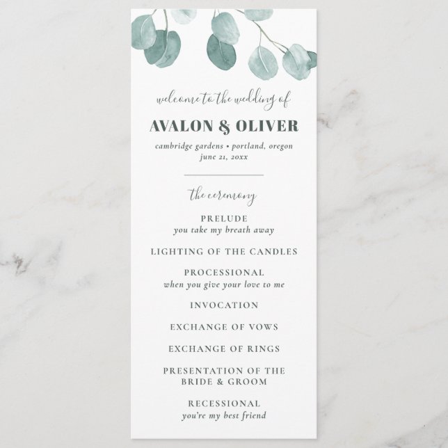 Silver Dollar Eukalyptus Wedding Programm (Vorderseite)