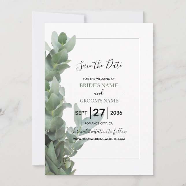 Silver Dollar Eukalyptus Wedding Save the Date (Vorderseite)