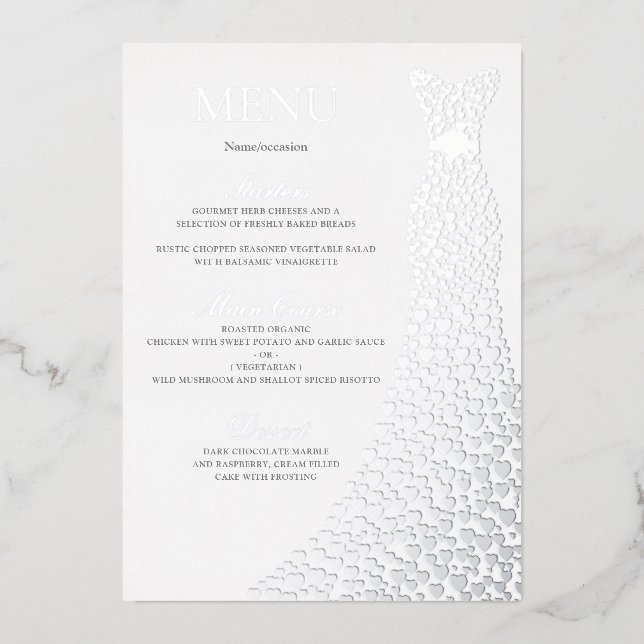 Silver Dress Birthday Party oder Brautparty Menu Folieneinladung (Vorderseite)