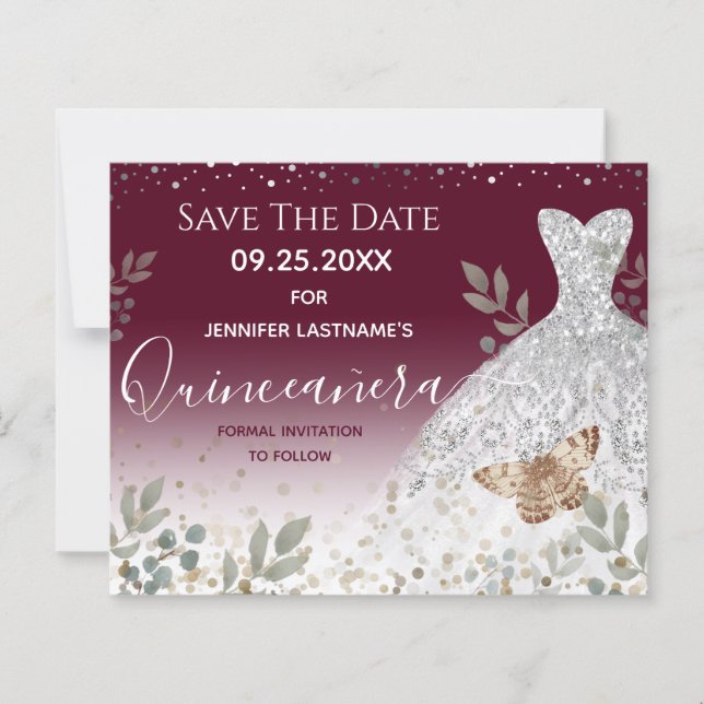 Silver Dress Floral Quinceanera Save the Date (Vorderseite)