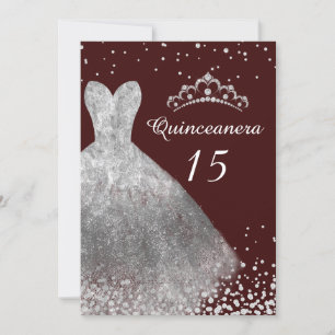 Silver Dress Gown Burgundy Quinceanera Party 15. Einladung