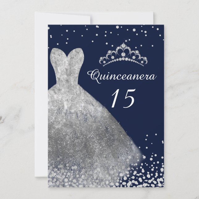 Silver Dress Gown Navy Quinceanera Party 15. Einladung (Vorderseite)