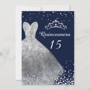 Silver Dress Gown Navy Quinceanera Party 15. Einladung