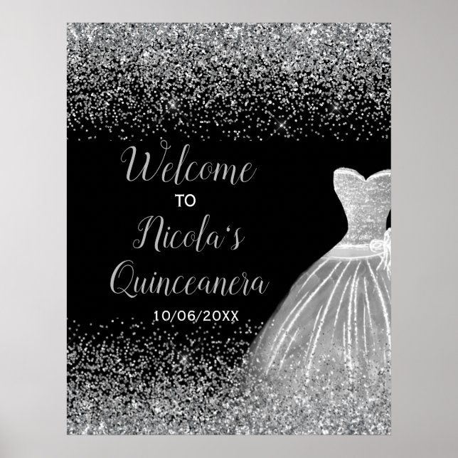 Silver Dress Imitats Glitzer Quinceanera Willkomme Poster (Vorne)