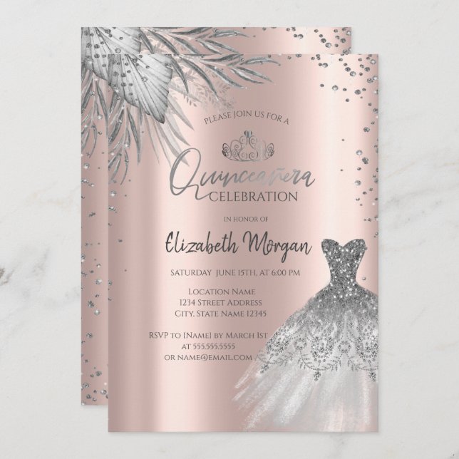 Silver Dress, Pampas Blume Rose Gold Quinceañera Einladung (Vorne/Hinten)