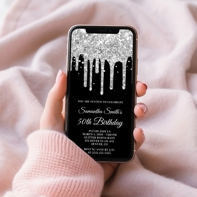 Silver Dripping Glitzer Black 50. Geburtstag Einladung (Silver Dripping Glitter Black 50th Birthday Invitation)