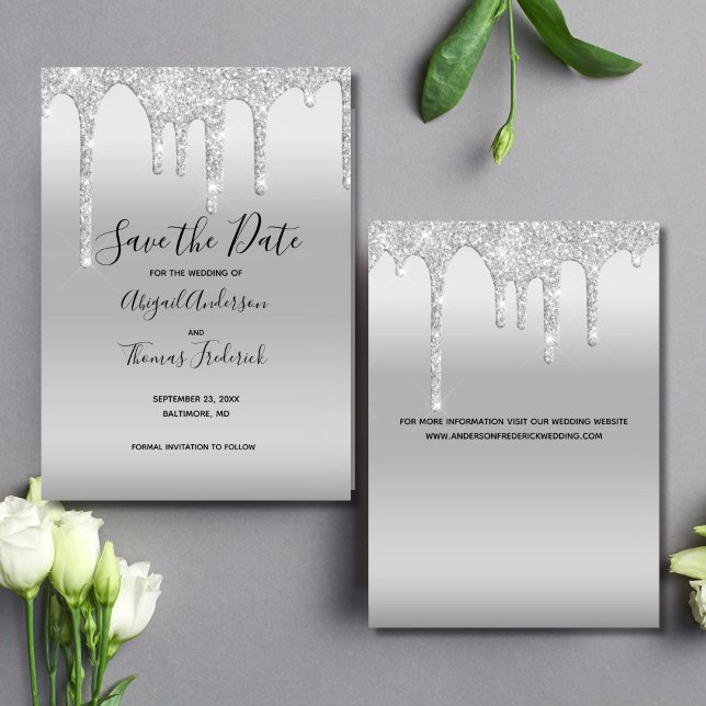 Silver Dripping Glitzer Glam Trendy Elegant Save The Date (Elegant Silver Dripping Glitter Wedding Save the date card)