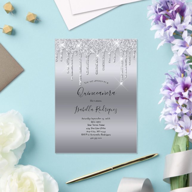 Silver Driving Glitzer Glam Quinceanera Geburtstag Acryleinladungen (In Situ (Hochzeit))