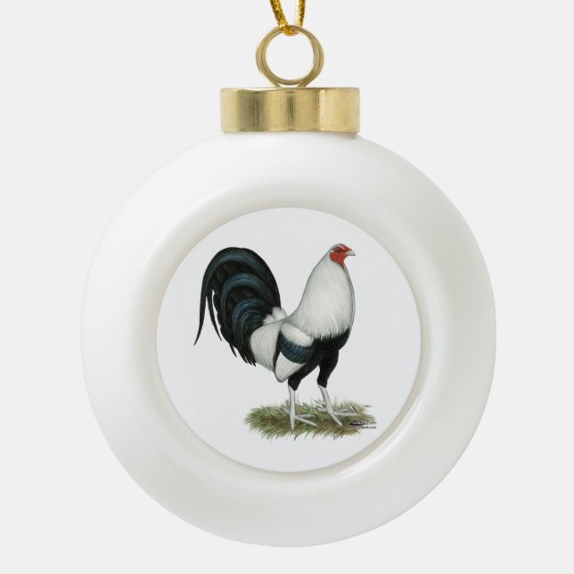 Silver Duckwing Gamecock Keramik Kugel-Ornament (Vorderseite)
