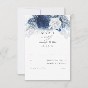 Silver Dusty and Navy Blue Wedding RSVP Karte