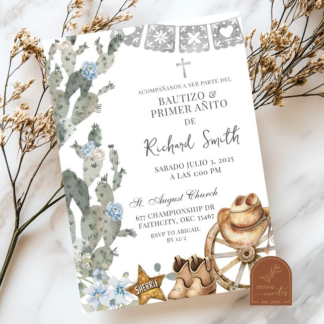 Silver Dusty Blue Cowboy Spanish Bautizo Einladung (Von Creator hochgeladen)