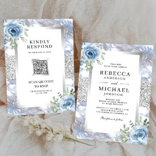 Silver Dusty Blue Floral Marble QR Code Wedding Einladung