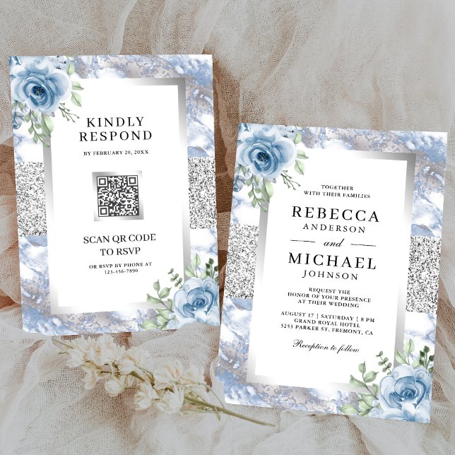 Silver Dusty Blue Floral Marble QR Code Wedding Einladung (Von Creator hochgeladen)