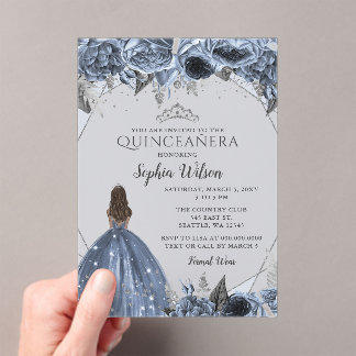 Silver Dusty Blue Floral Princess Quinceañera Acryleinladungen