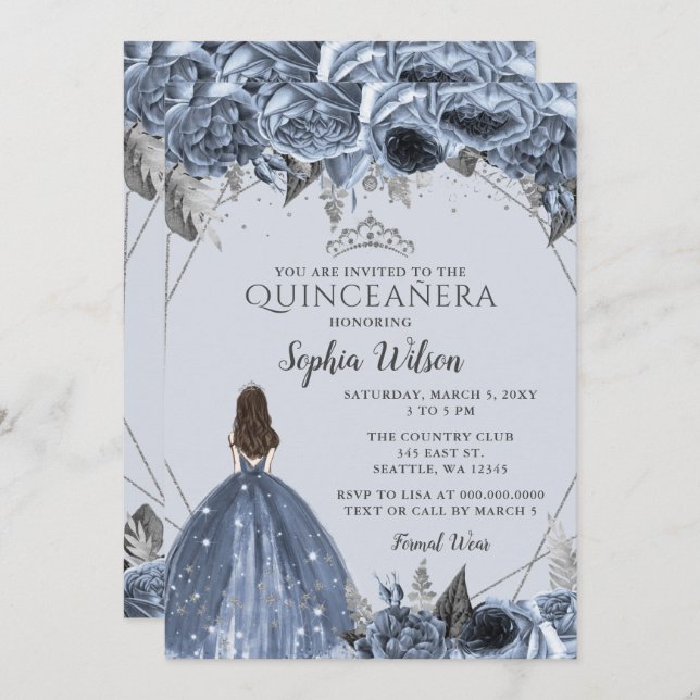 Silver Dusty Blue Floral Princess Quinceañera Einladung (Vorne/Hinten)