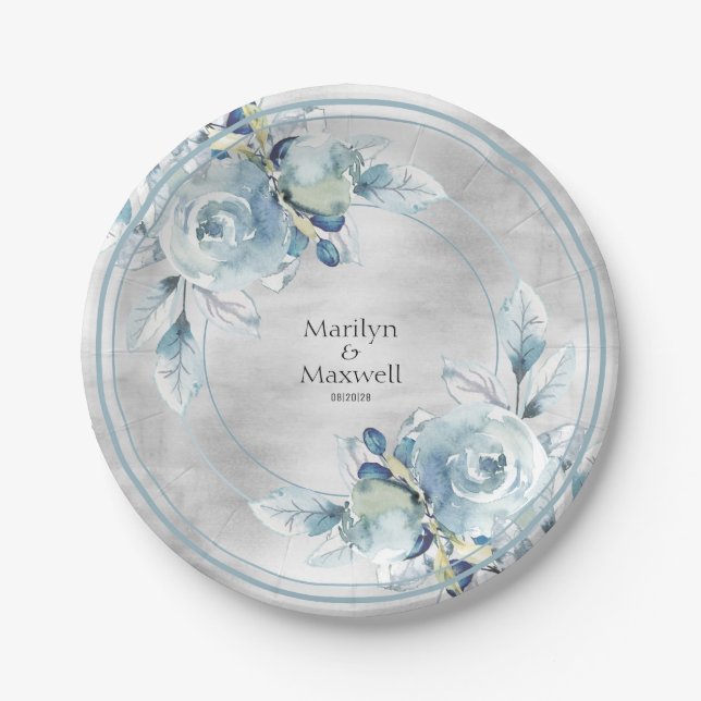 Silver Dusty Blue Peony Wedding 7 Inch Luncheon Pappteller (Vorderseite)