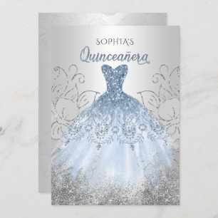 Silver Dusty Blue Sparkle Dress Quinceañera Quince Einladung