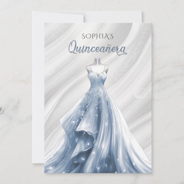 Silver Dusty Blue Sparkle Dress Quinceañera Quince Einladung (Vorderseite)