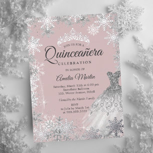 Silver Dusty Pink Winter Snowflake Quinceanera Folieneinladung