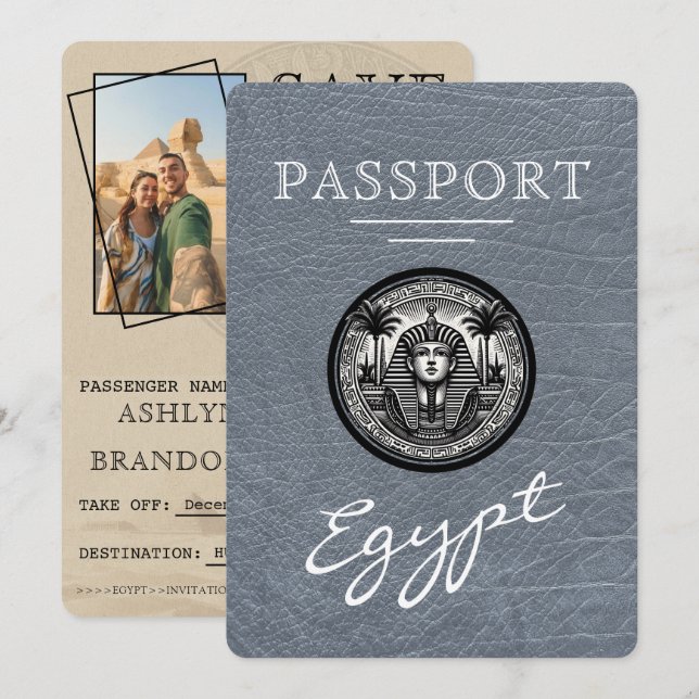 Silver Egypt Passport Wedding Save the Date (Vorne/Hinten)