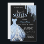 Silver Eiffel Tower Blue Glitter Drips Dress Black Einladung<br><div class="desc">Elegant silver diamonds,  Eiffel Tower blue dress,  and blue glitter drips on a black background.</div>