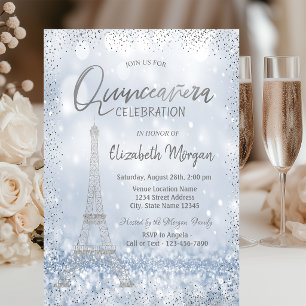Silver Eiffel Tower Confetti Bokeh Quinceañera Einladung