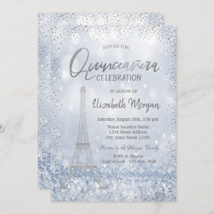 Silver Eiffel Tower Confetti Bokeh Quinceañera Einladung
