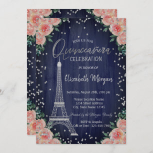 Silver Eiffel Tower Diamonds Blume Quinceañera Einladung