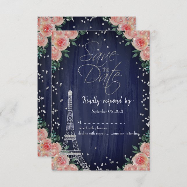 Silver Eiffel Tower Diamonds Floral UAWG Einladung (Vorne/Hinten)