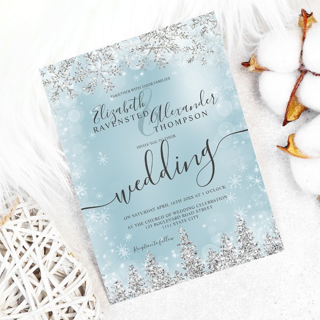 Silver Eis blue Snow Pine Weihnachtsfest Einladung (Silver ice blue snow pine Christmas winter wedding Invitation)